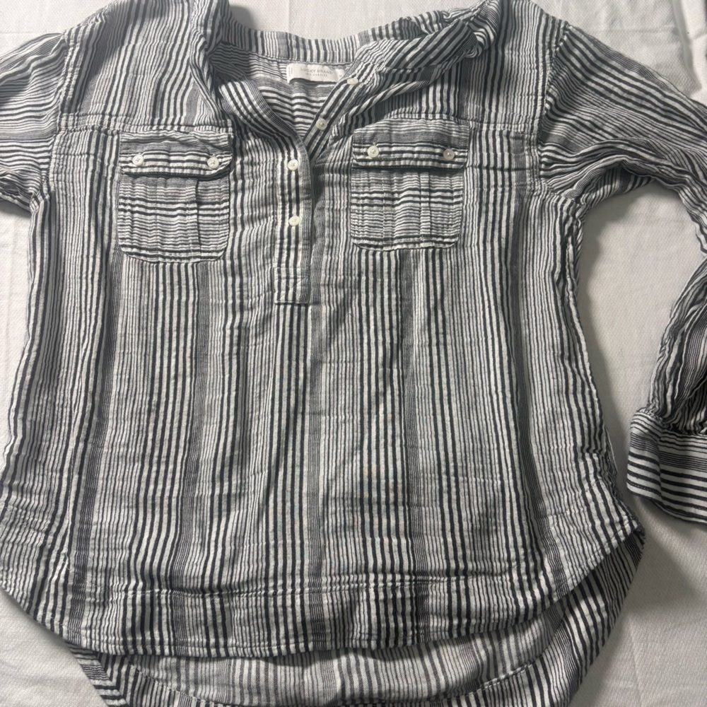 Lucky Brand Striped Popover Blouse Medium Boho Coastal Cotton Top - Picture 6 of 9